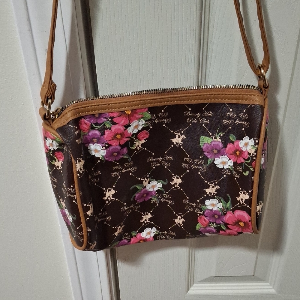 Beverly Hills Polo Club Brown Crossbody Bag with Pink Floral Print - Picture 4 of 4